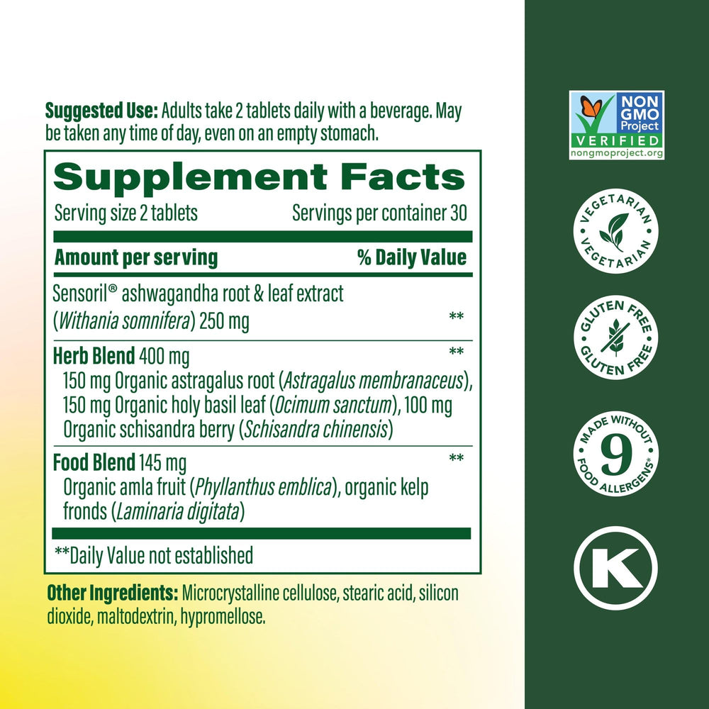 Closeup of MegaFood Ashwagandha Complex tablets for easy daily use