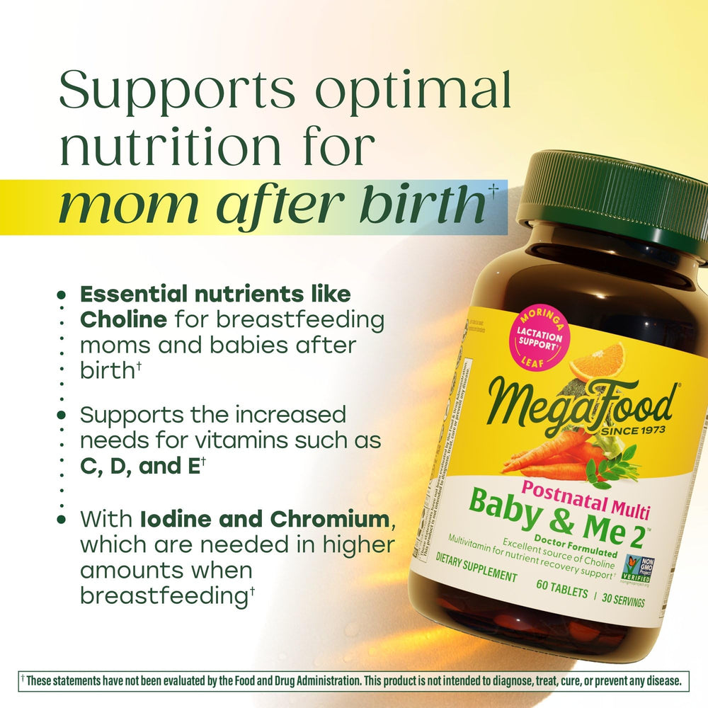 Closeup of MegaFood Baby & Me 2 label highlighting key nutrients for new moms.