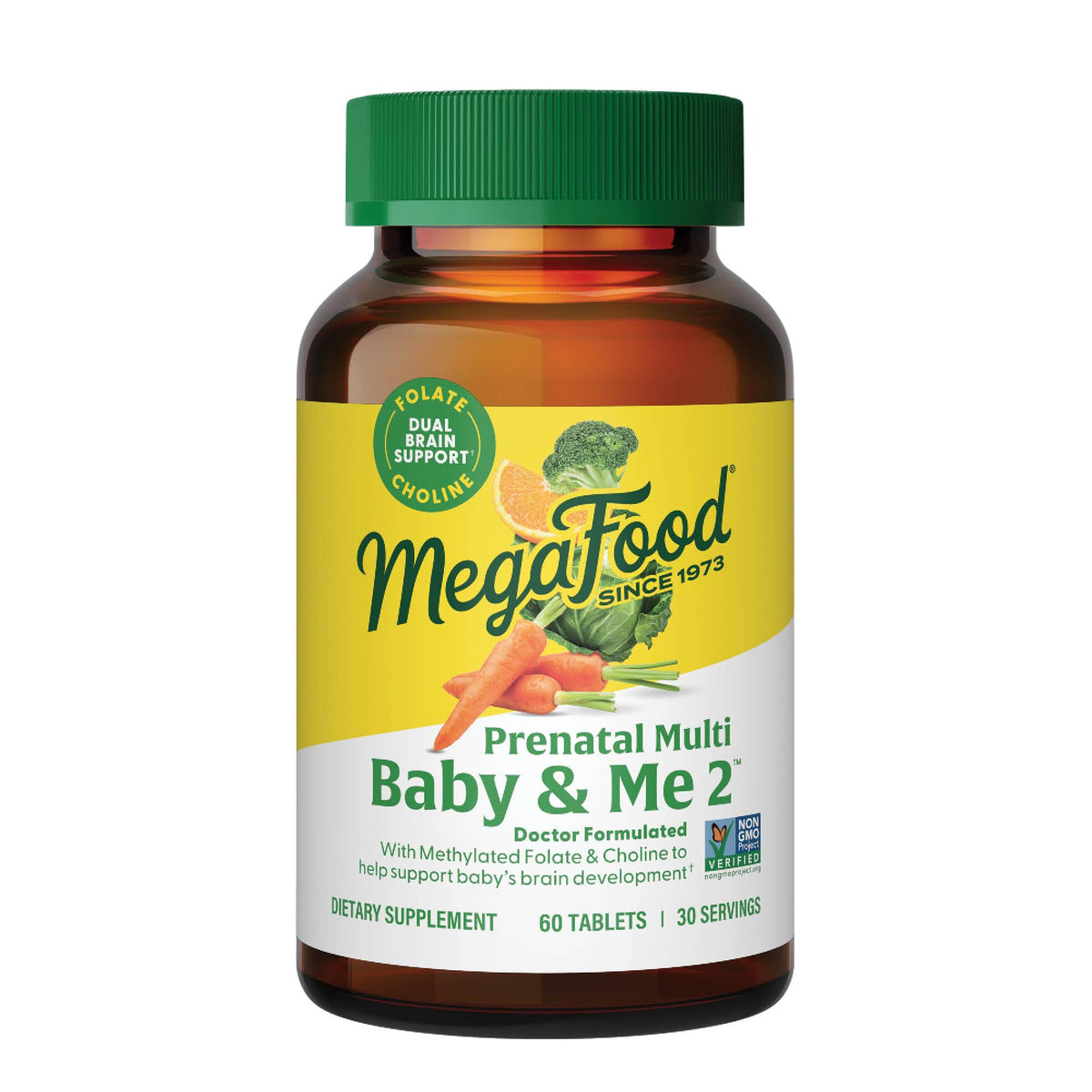 MegaFood Baby & Me 2 prenatal bottle showing two tablets for daily nutrition.