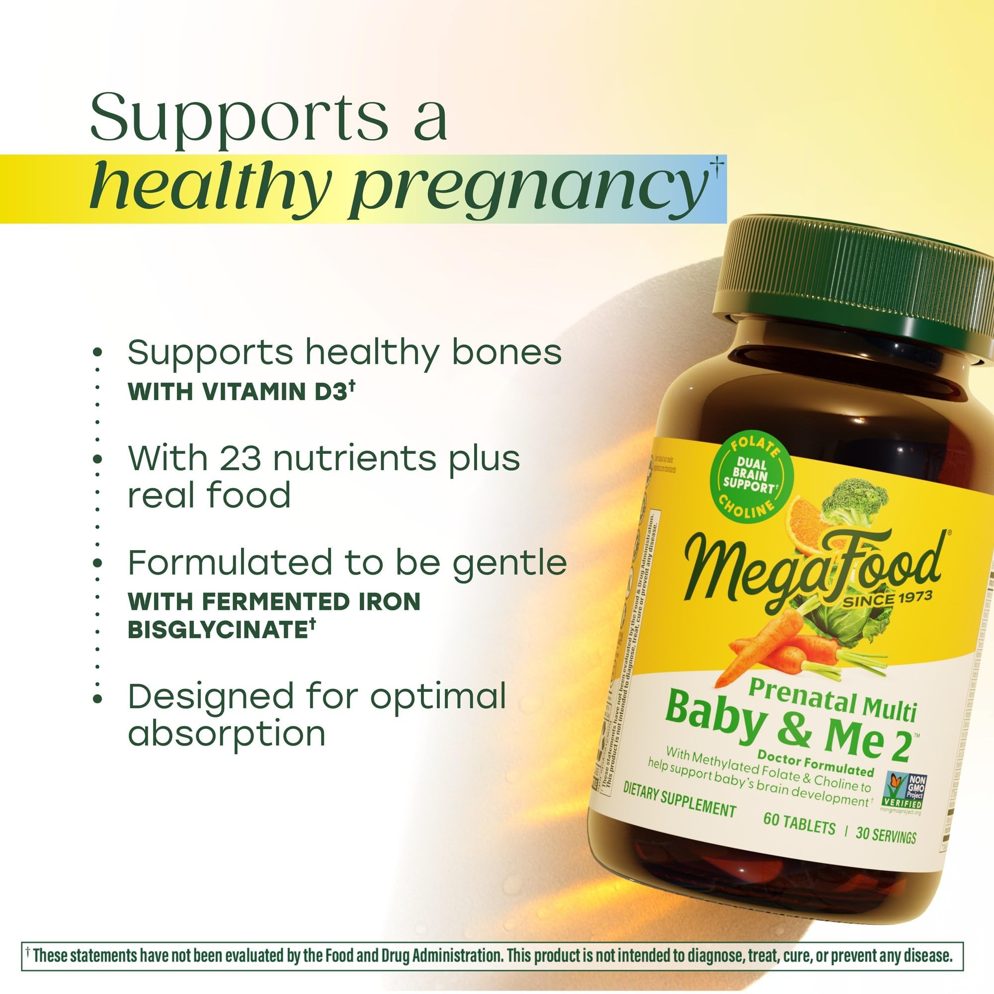 Fermented iron bisglycinate in MegaFood Baby & Me 2 supports gentle digestion.
