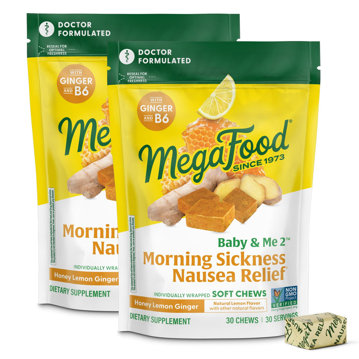 MegaFood Baby & Me prenatal ginger chews bottle view for convenient, on-hand relief.