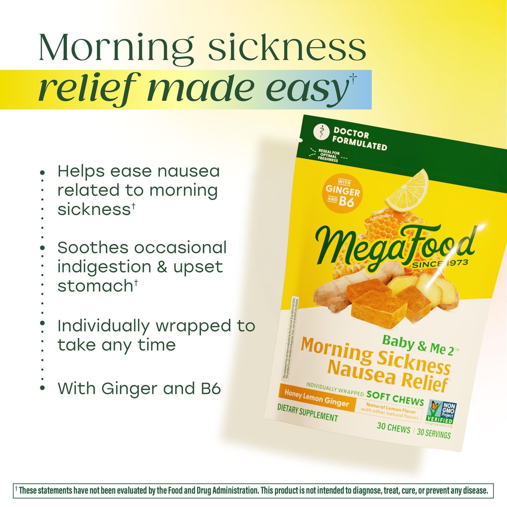 MegaFood Baby & Me chews in honey lemon ginger flavor for soothing flavor during pregnancy.