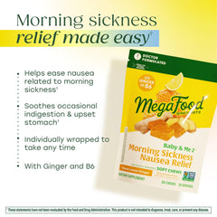 MegaFood Baby & Me chews in honey lemon ginger flavor for soothing flavor during pregnancy.