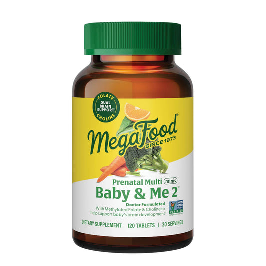 MegaFood Baby & Me 2 mini tablets bottle, convenient daily prenatal support.