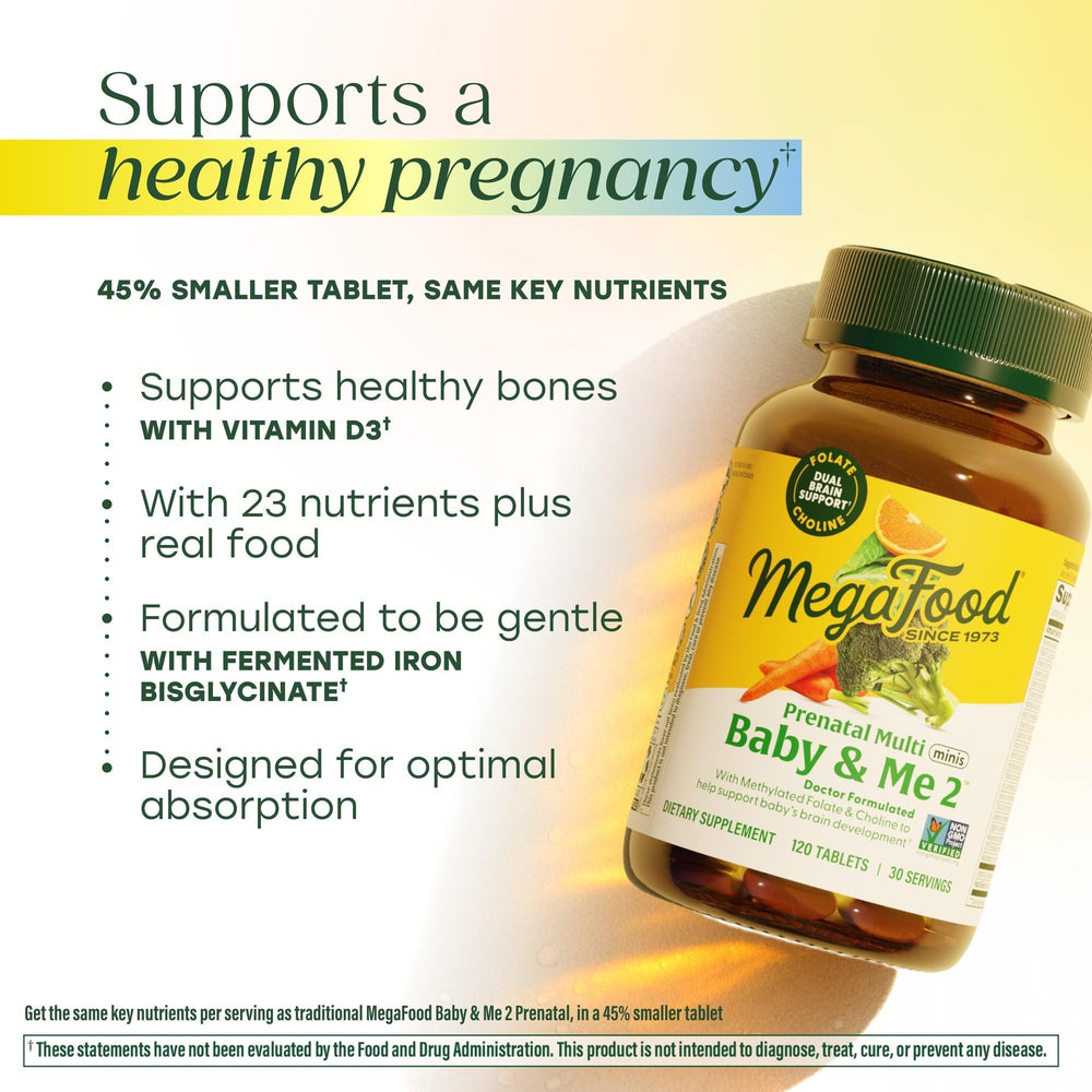 MegaFood Baby & Me 2 prenatal package front, ready for pregnancy nutrition.