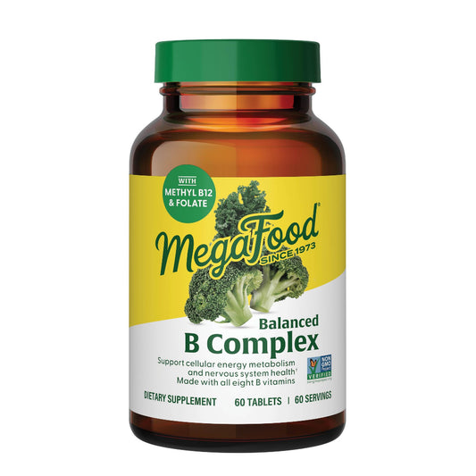 MegaFood Balanced B Complex bottle on a desk for daily energy support.