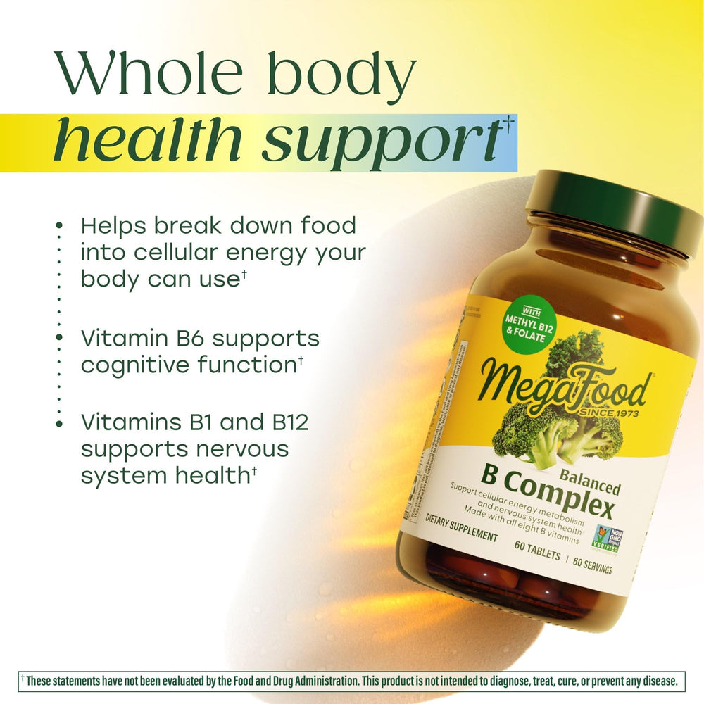 MegaFood Balanced B Complex bottle on kitchen counter highlighting real food ingredients.