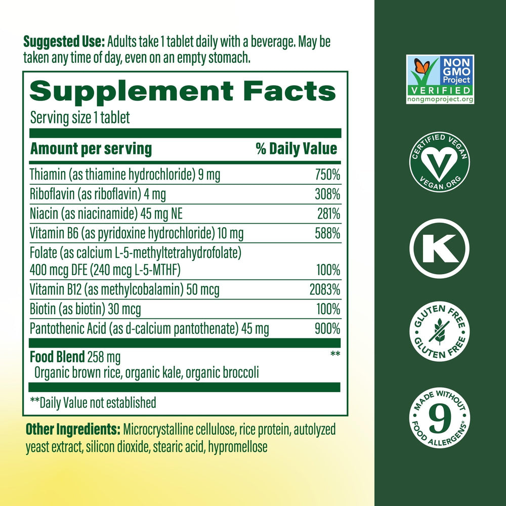 MegaFood Balanced B Complex label close-up highlighting methyl folate and methyl B12.