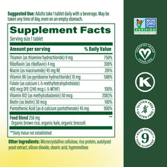 MegaFood Balanced B Complex tablets close-up on label showing vegan and gluten-free features.