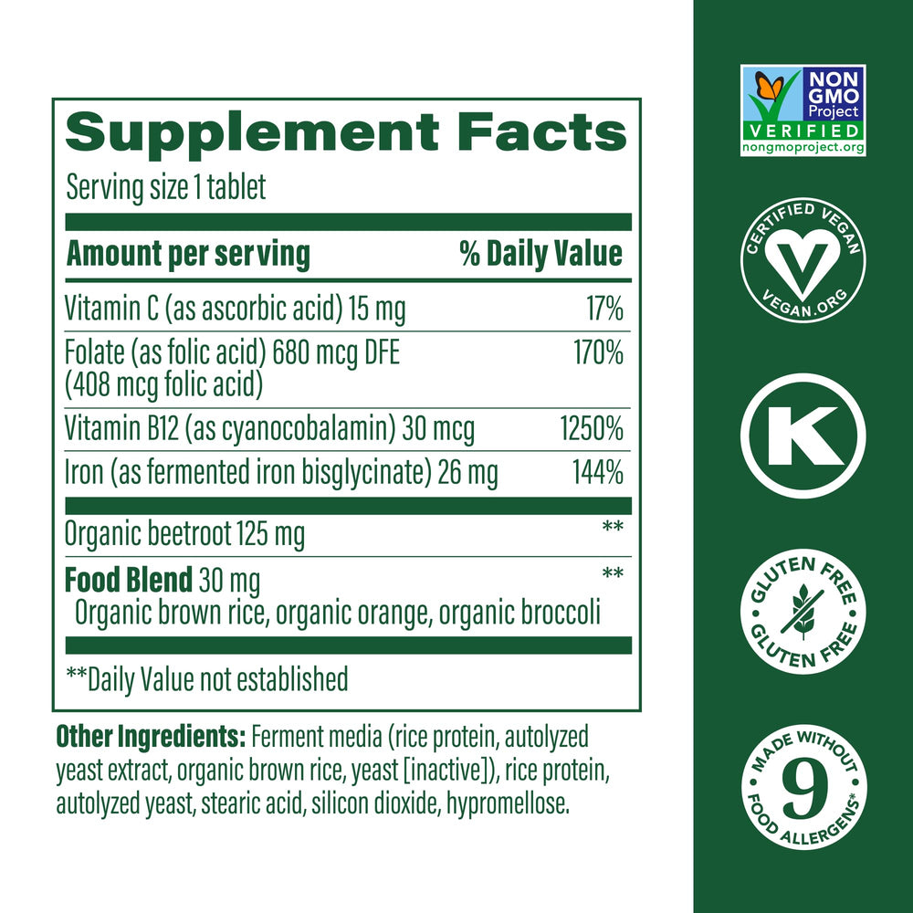 MegaFood Blood Builder tablets close-up, small and easy to swallow