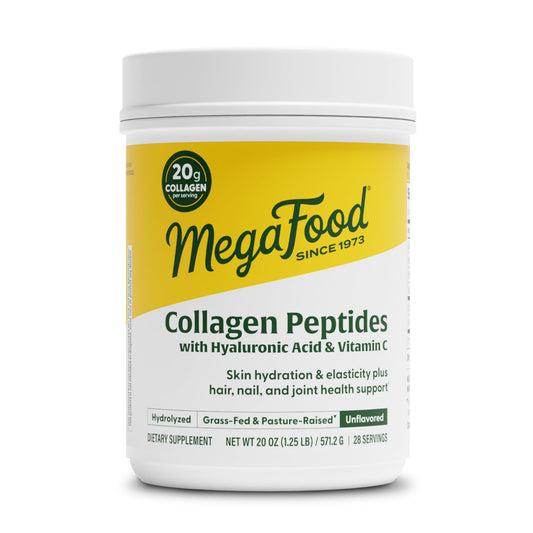 MegaFood Collagen powder tub front showing 28 servings for daily skin and joint support.