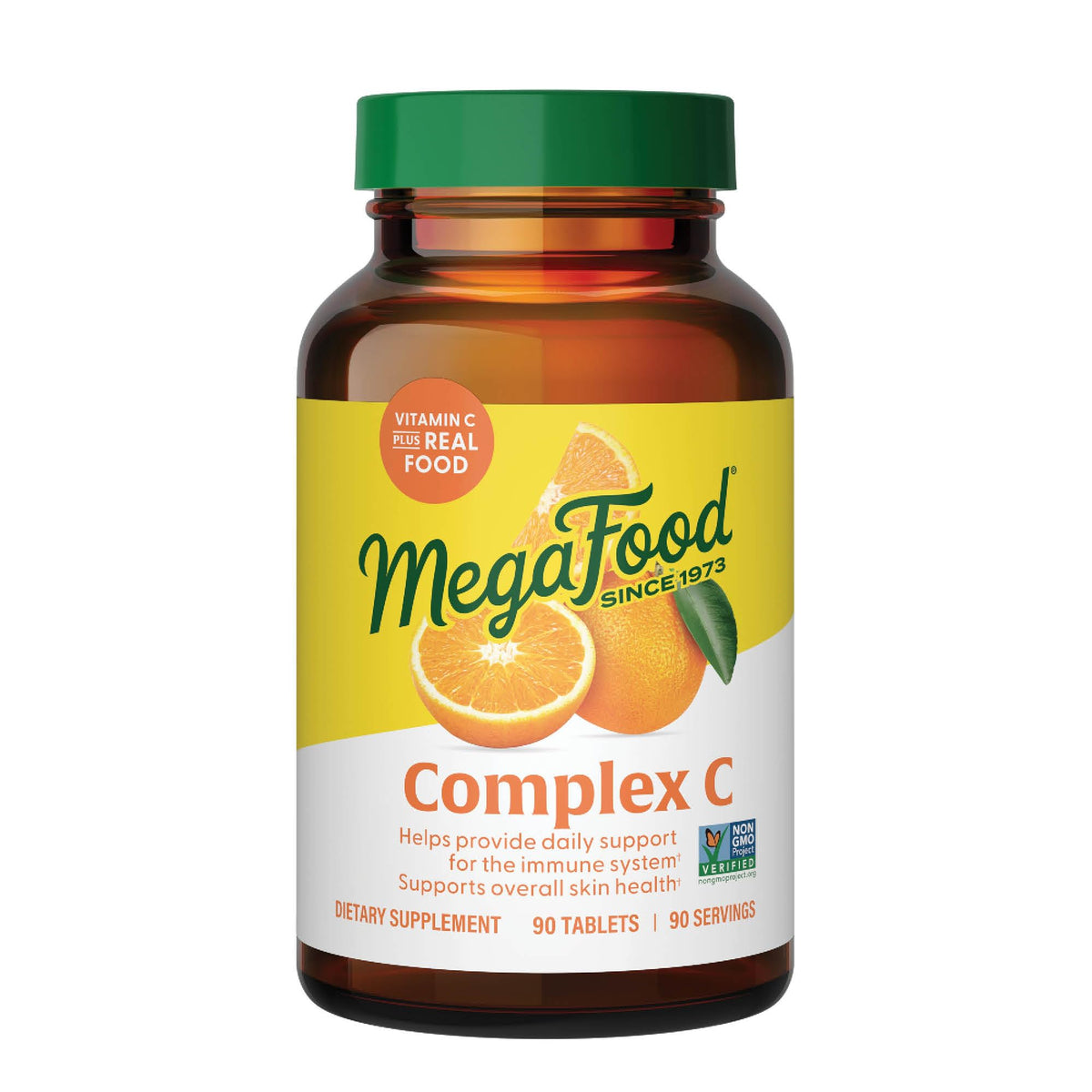 MegaFood Complex C bottle with orange slices, daily vitamin C support.