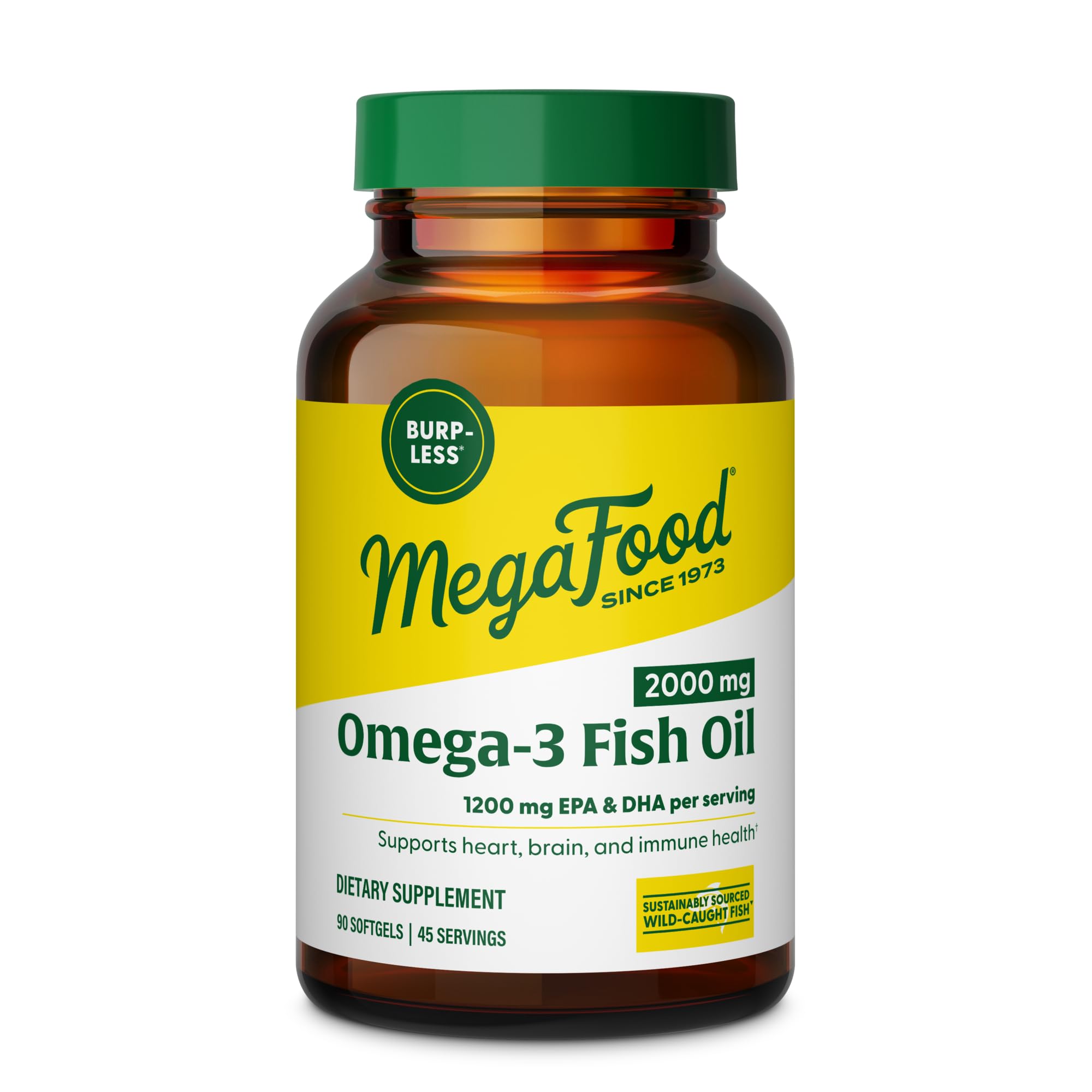 MegaFood fish oil burp-less lemon bottle front promotes a fresher daily omega-3 routine.