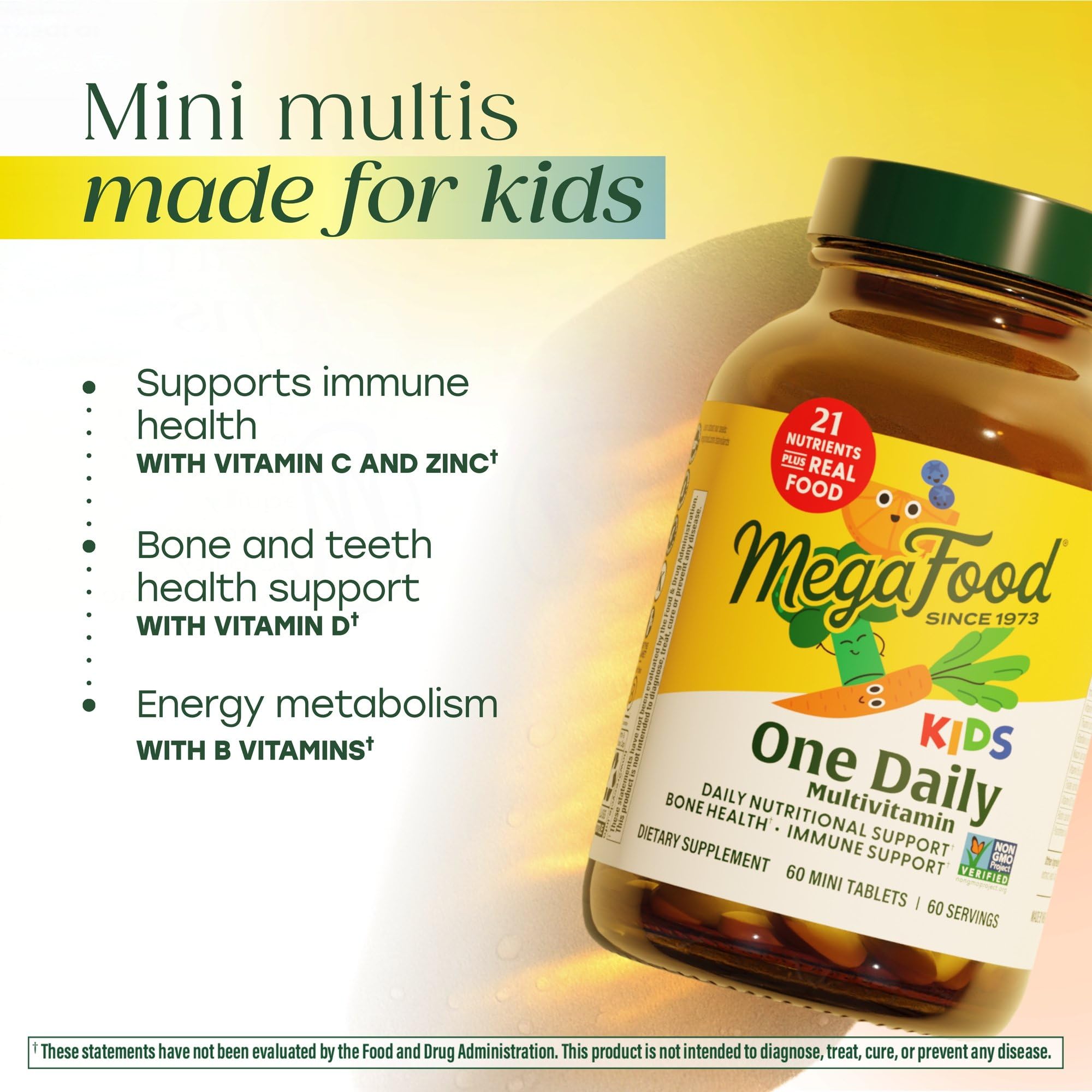 MegaFood Kids One Daily real-food ingredients highlight orange, blueberry, carrot.