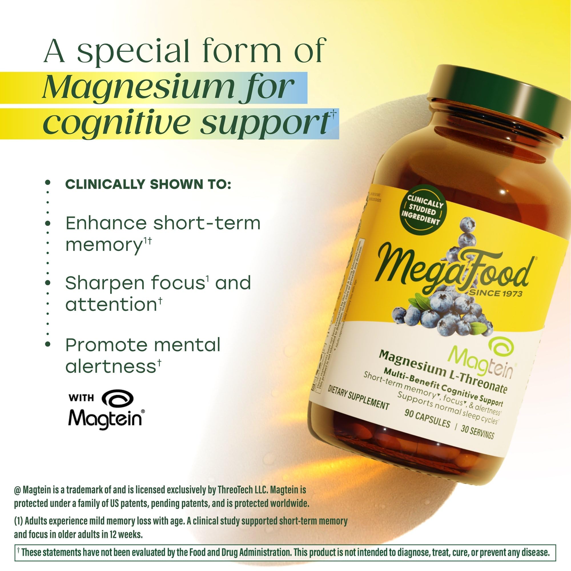 MegaFood Magtein with blueberries per serving shows natural antioxidant pairing.