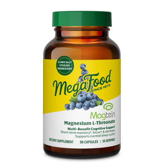 MegaFood Magtein bottle and capsules ready for daily memory and sleep support.