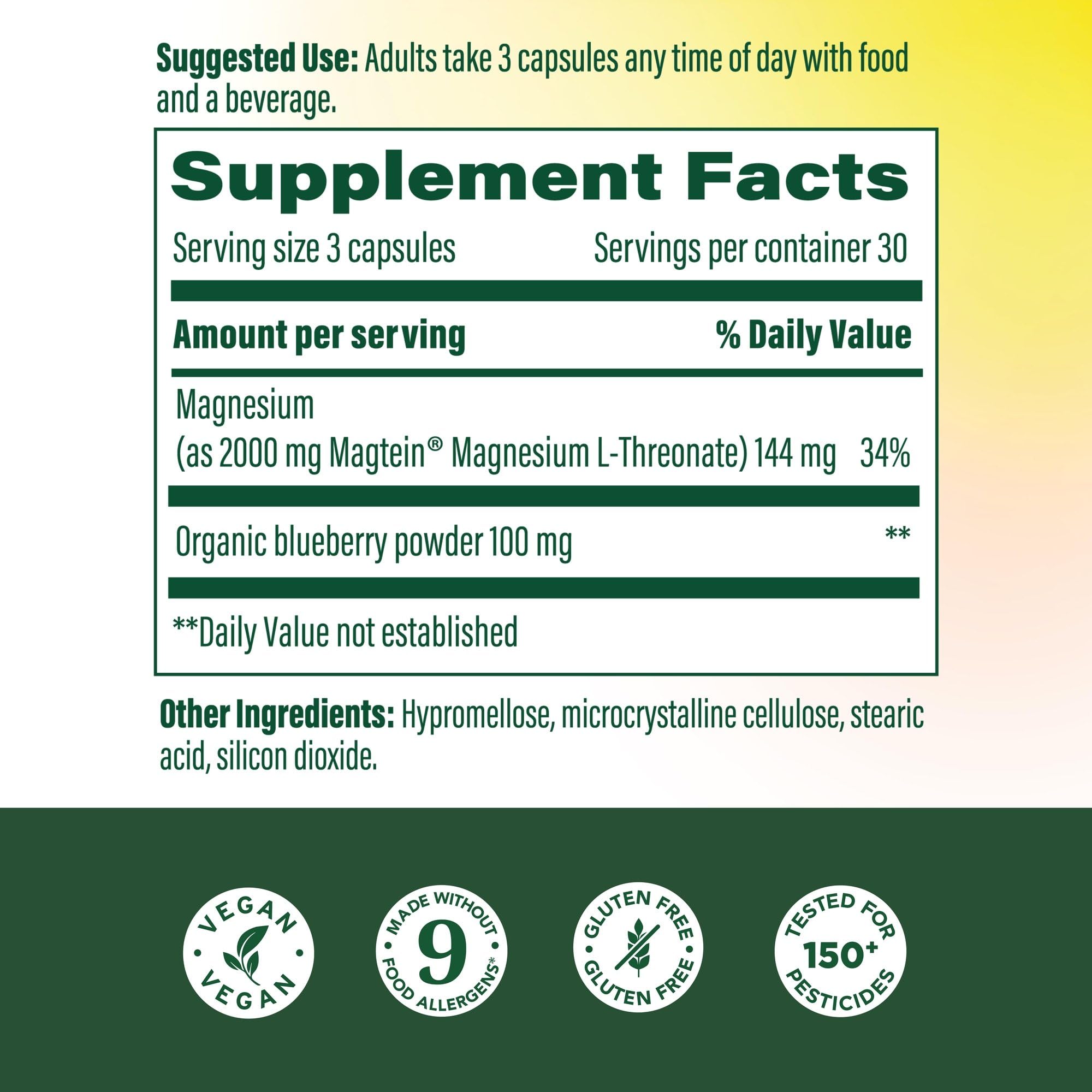 MegaFood Magtein label close-up highlights Magtein and clean vegan formulation.