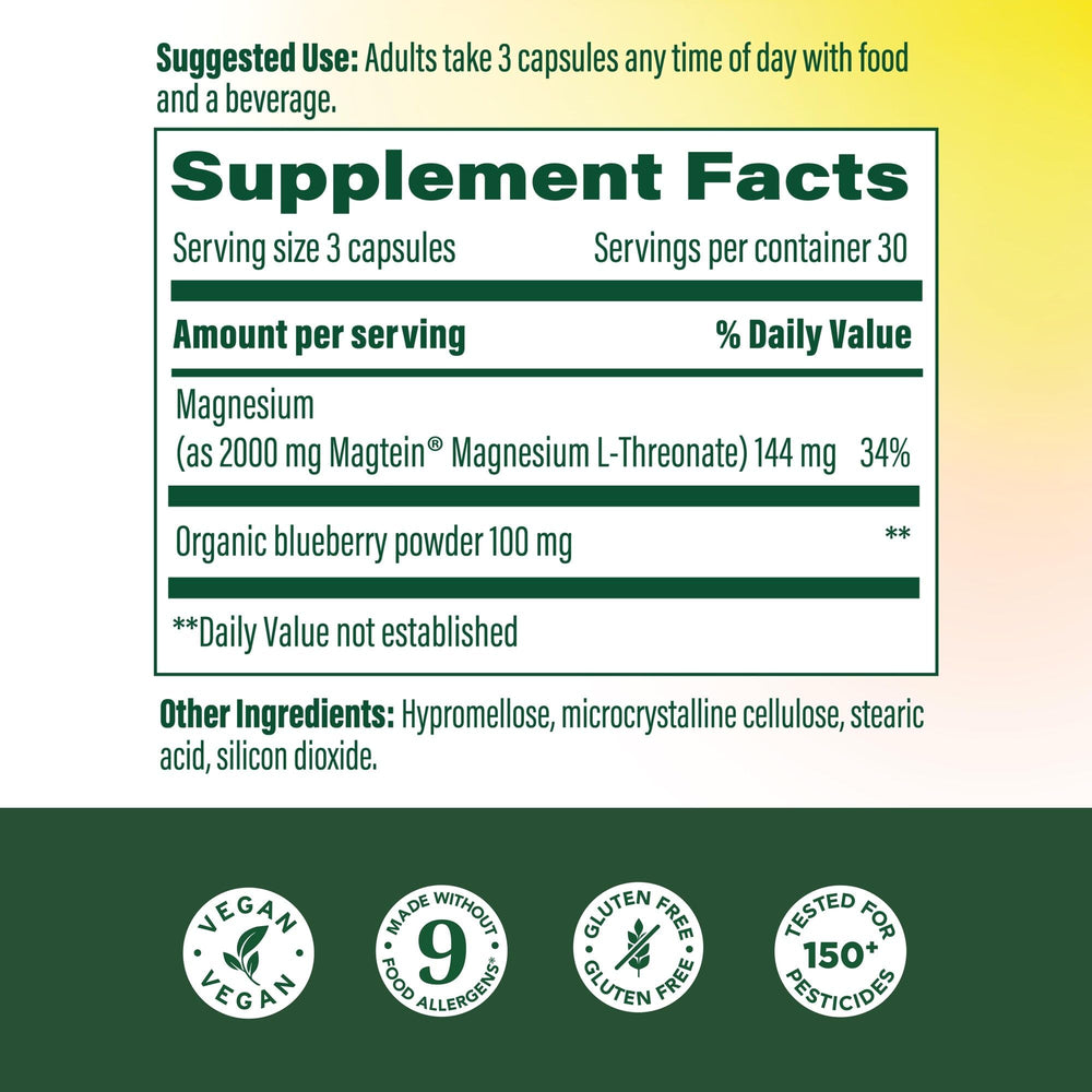 MegaFood Magtein label close-up highlights Magtein and clean vegan formulation.