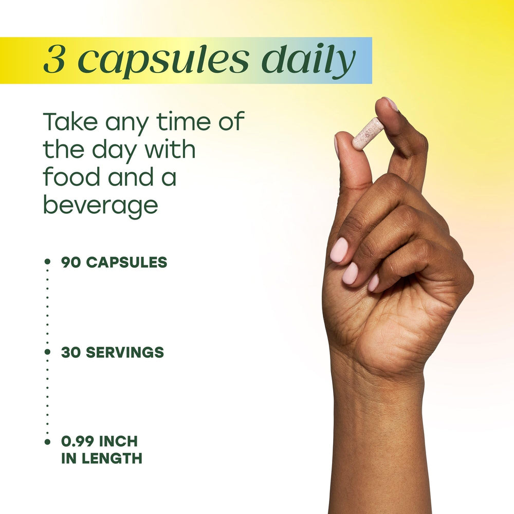 MegaFood Magtein three-capsule daily dosing visual for focus and sleep.