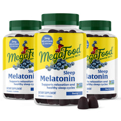 MegaFood Melatonin Gummies bottle in berry flavor promotes a calm evening routine.