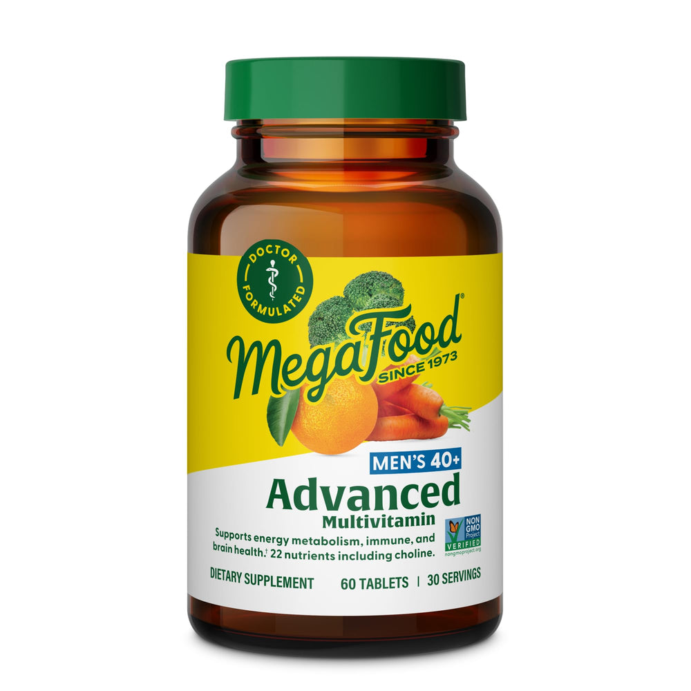 MegaFood Men 40+ bottle front showing real food nutrients for daily wellness
