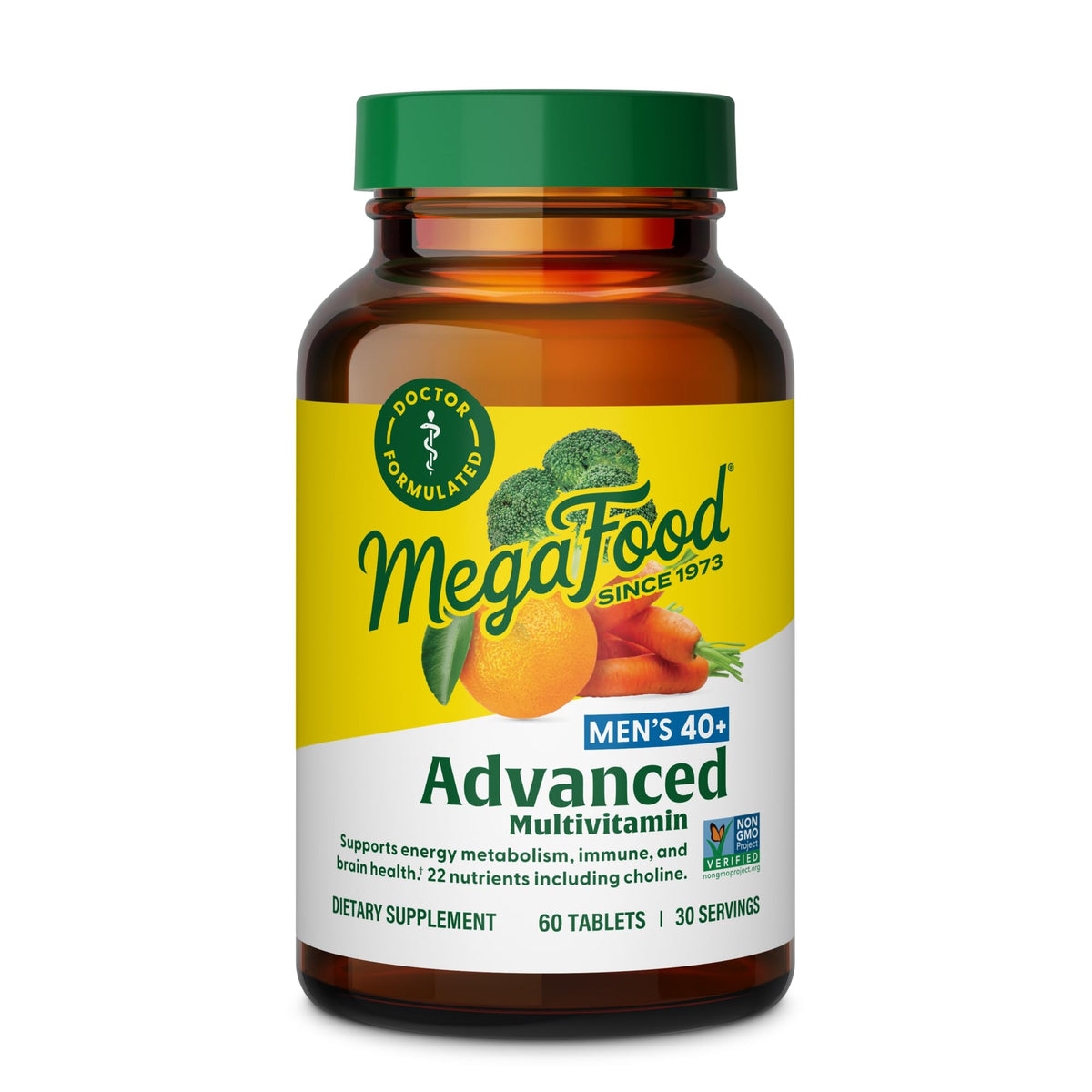 MegaFood Men 40+ bottle front showing real food nutrients for daily wellness