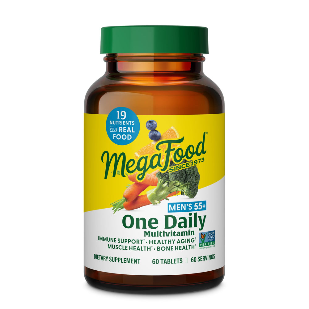 MegaFood Men 55+ multivitamin bottle highlighting real-food ingredients for daily wellness.