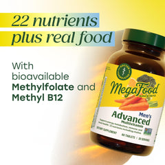 Front label of MegaFood Men's Advanced Multivitamin showing key nutrients.