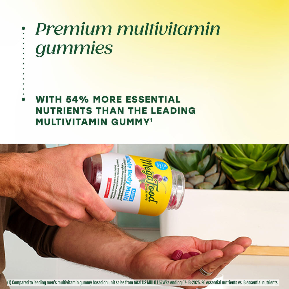 Vegetarian and gluten-free badges visible on the MegaFood bottle label for dietary suitability.