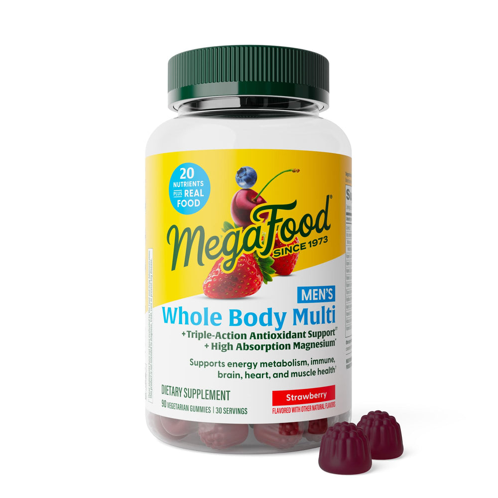 MegaFood Men’s Whole Body Multivitamin Gummies bottle front view with strawberry flavor for daily immune support.