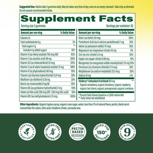 MegaFood Men’s Whole Body Multivitamin Gummies bottle side view showing packaging details.