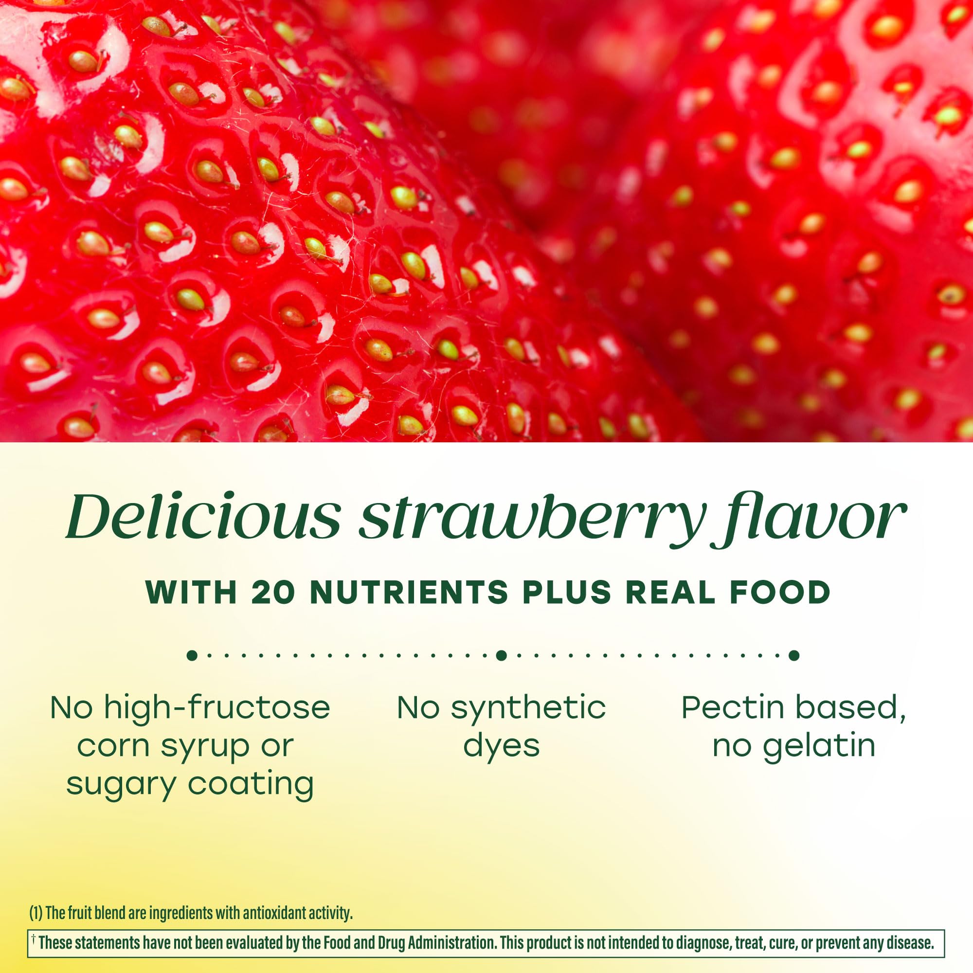 Nutrition label panel on back of MegaFood bottle showing 20 nutrients and real-food ingredients.