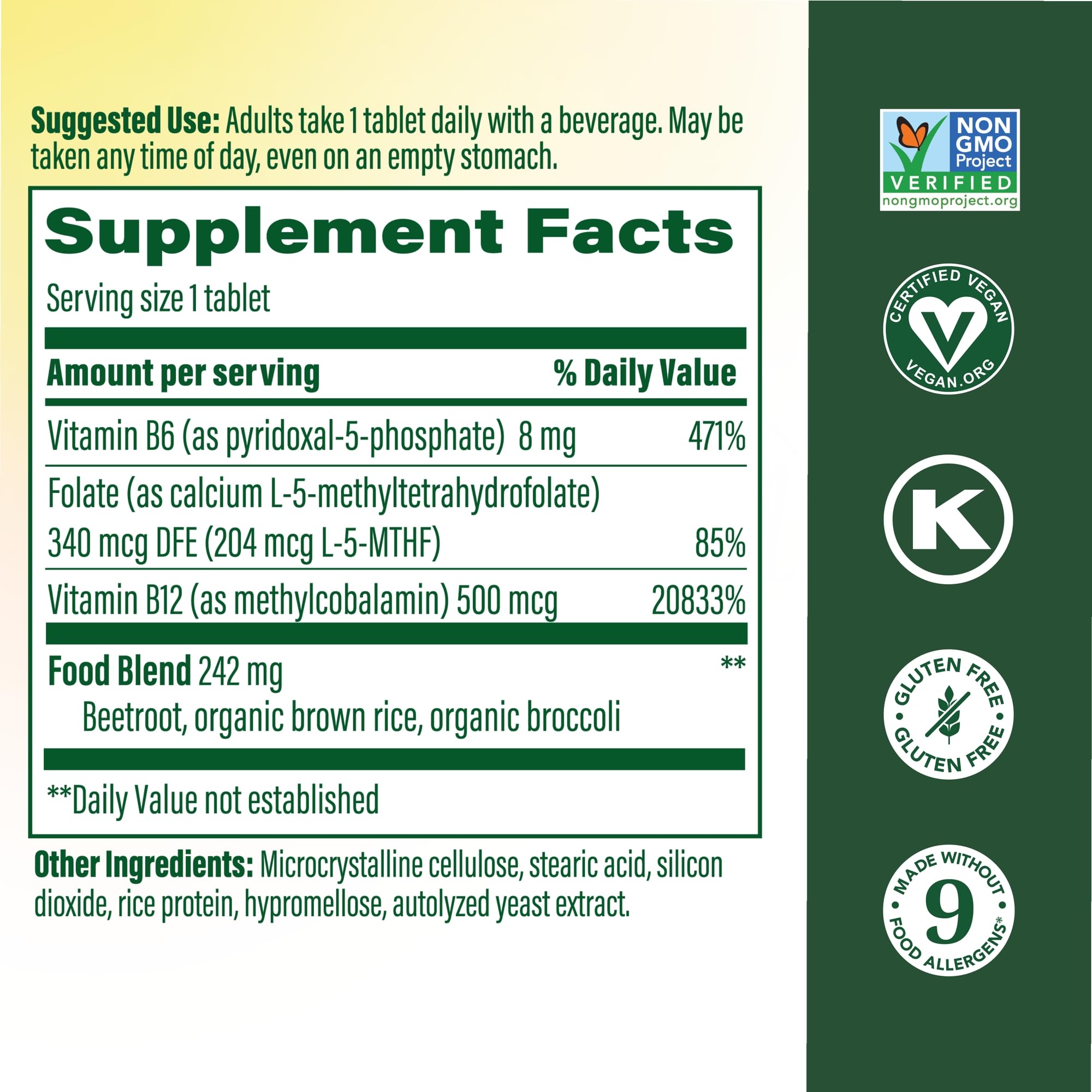 MegaFood Methyl B12 bottle label close-up highlighting methyl folate and B12