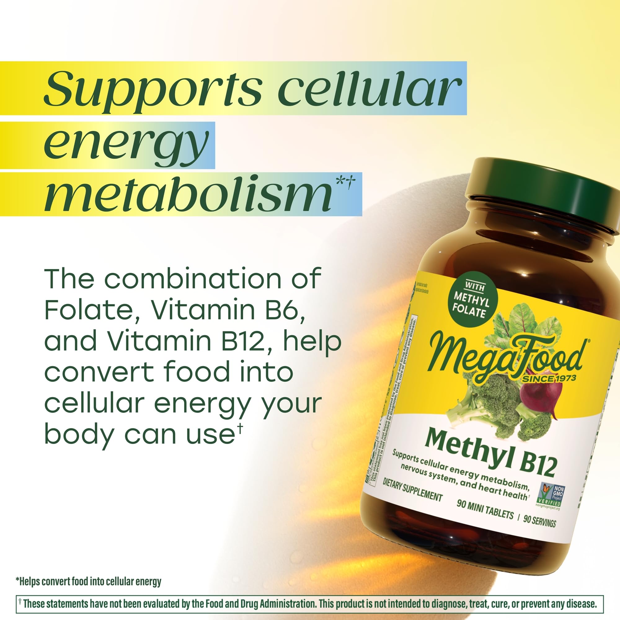 MegaFood Methyl B12 tablet close-up, for daily energy support