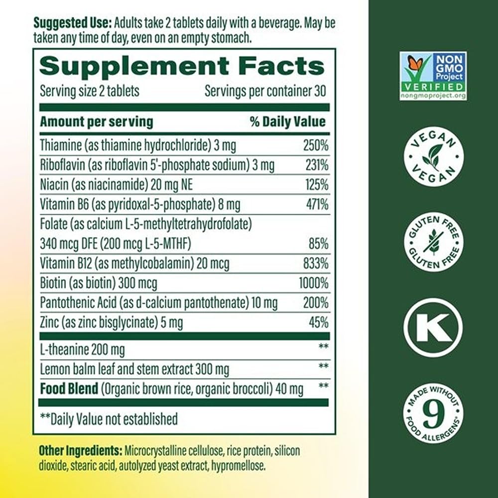 MegaFood methylated B vitamins tablets highlight energy support and nervous system health.