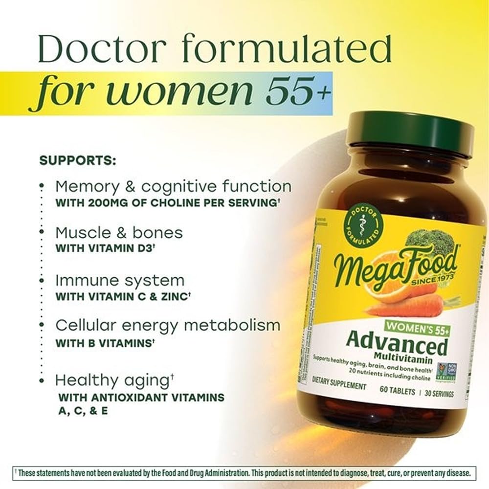 MegaFood Multi for Women 55+ real food ingredients panel with broccoli, carrots, and oranges