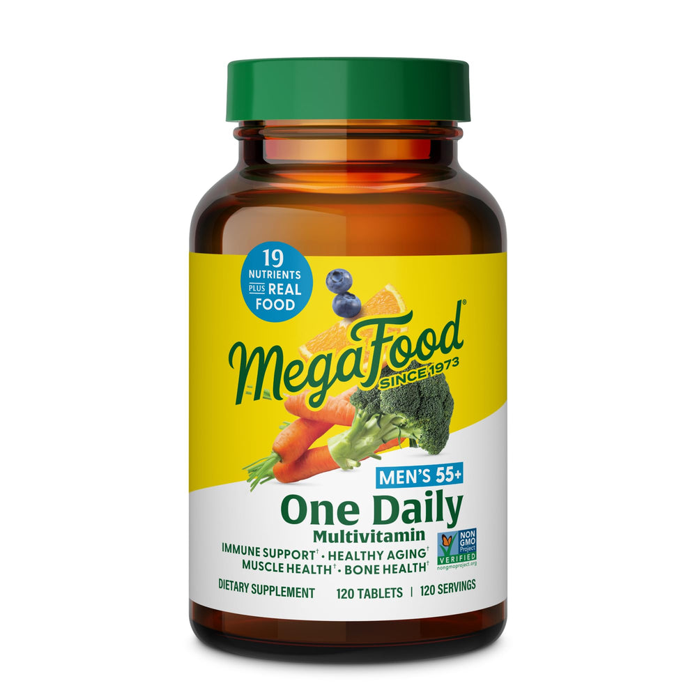 MegaFood Multivitamin for Men 55+ bottle on shelf supports daily wellness for aging adults