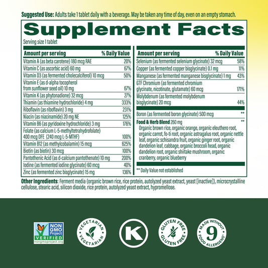 MegaFood One Daily Men's Multivitamin bottle back lists ingredients and safety.