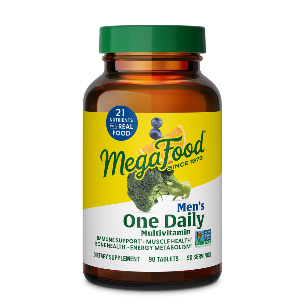 MegaFood One Daily Men's Multivitamin bottle front highlights daily energy support.