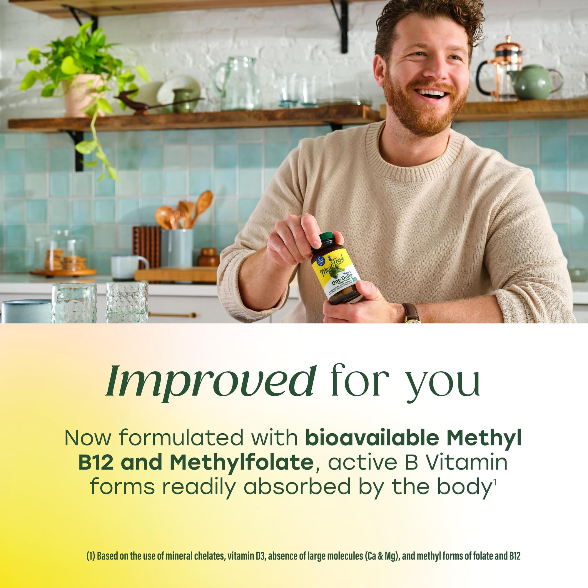 MegaFood One Daily Men's Multivitamin ingredient list emphasizes absorption-focused formula.