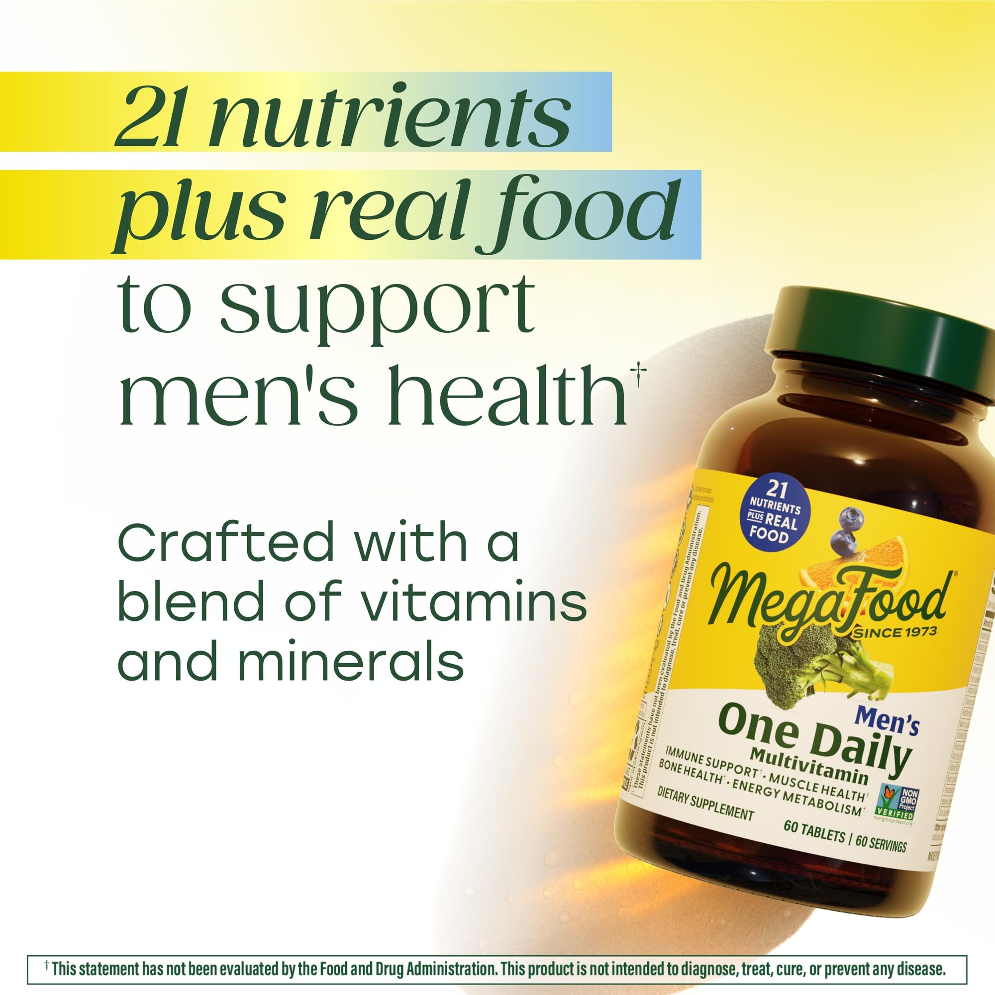 MegaFood One Daily Men's Multivitamin real-food blend graphic with blueberrry, orange, broccoli.