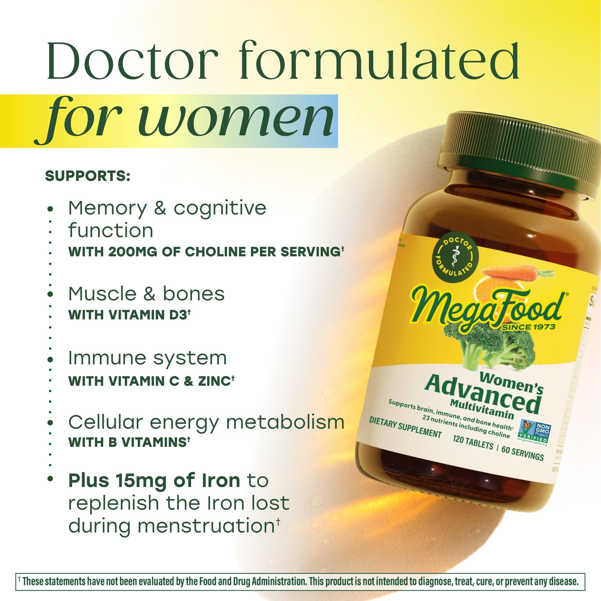 MegaFood real-food ingredients image with broccoli, oranges, and carrots