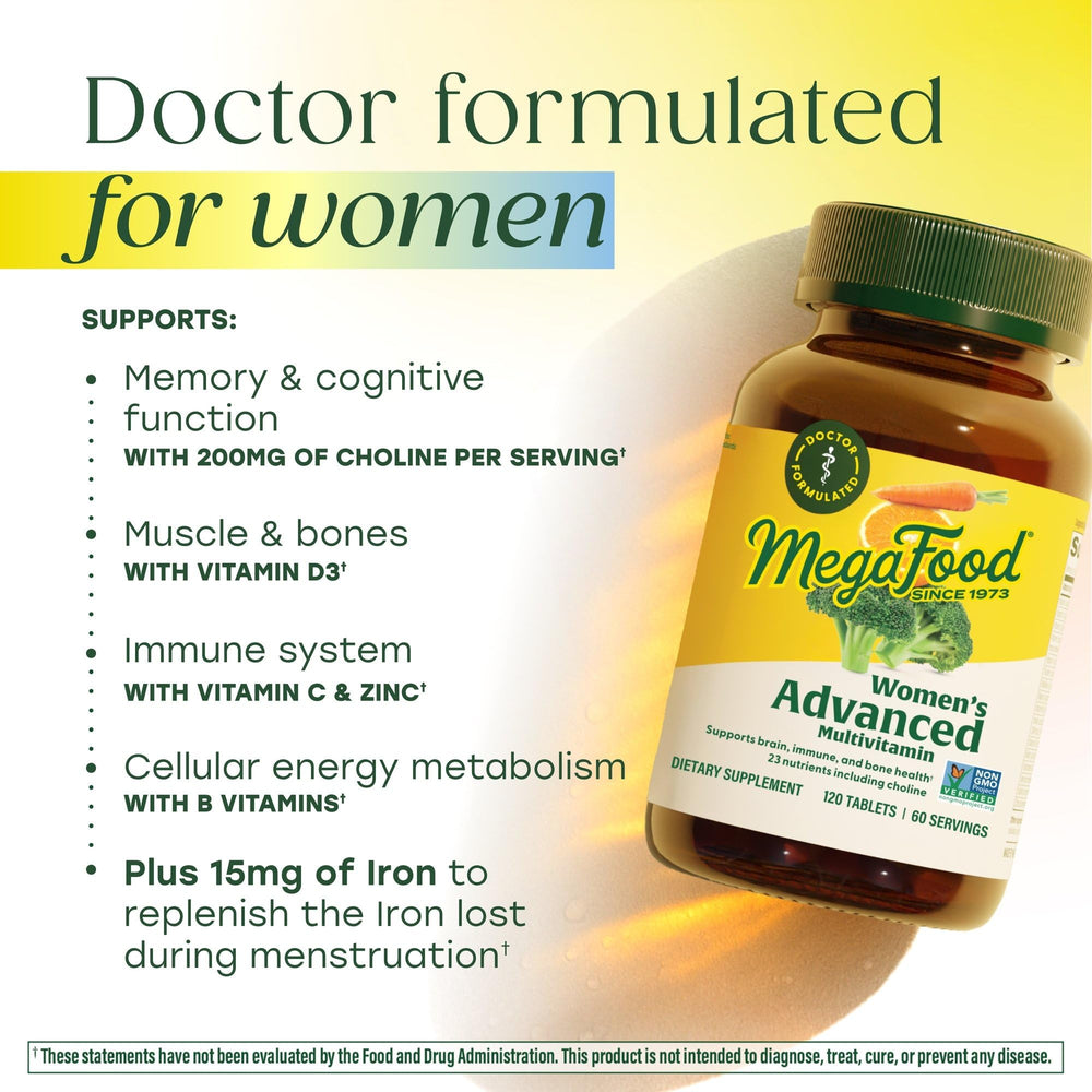 MegaFood real-food ingredients image with broccoli, oranges, and carrots
