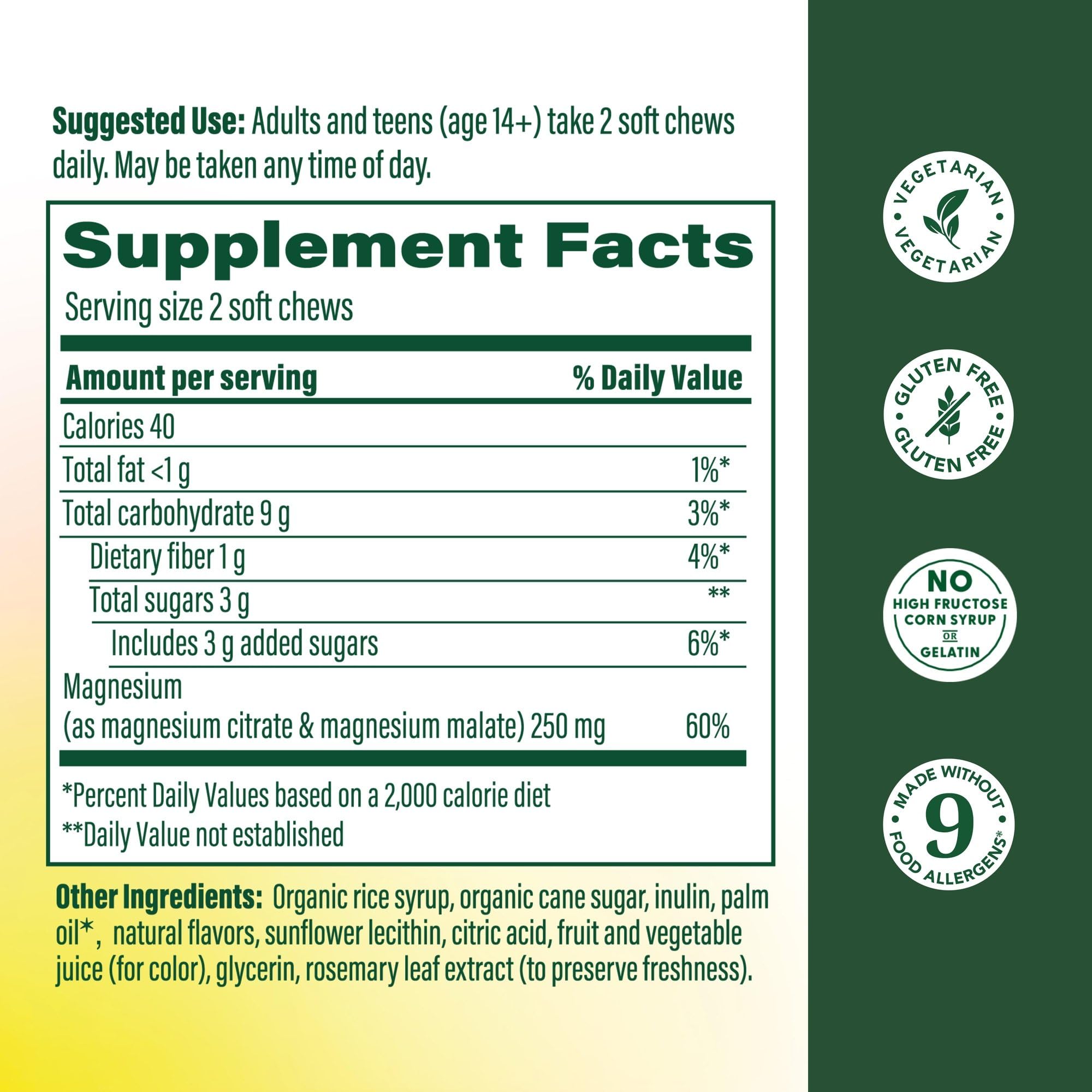 MegaFood Relax Calm bottle back with supplement facts and 250 mg magnesium