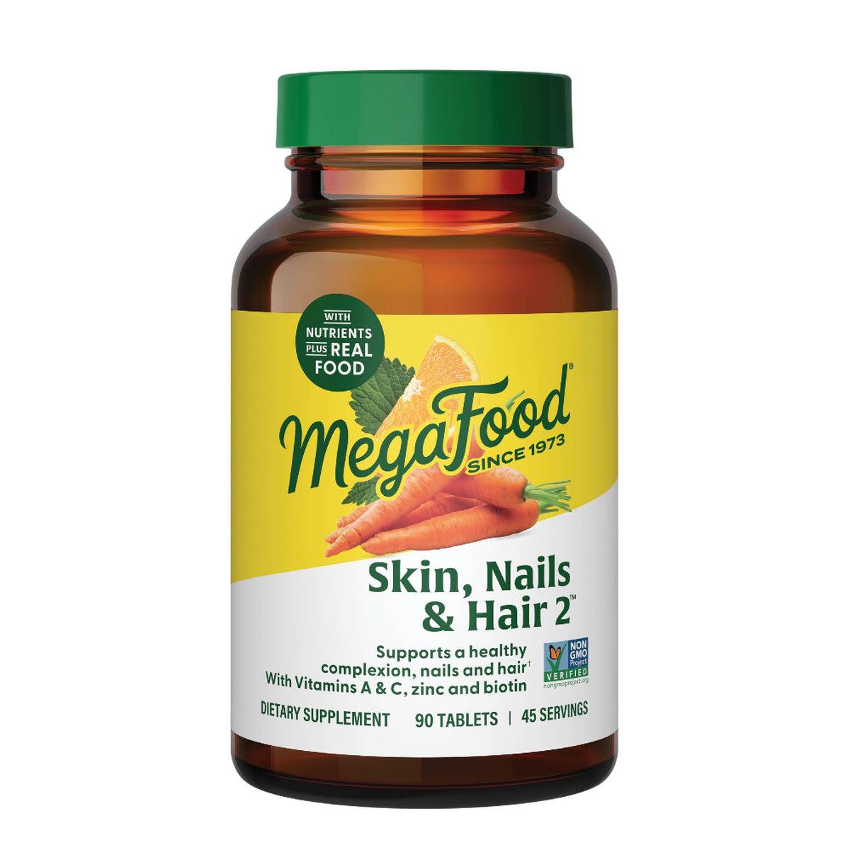 MegaFood Skin, Nails & Hair 2 bottle displayed for daily vegan nourishment