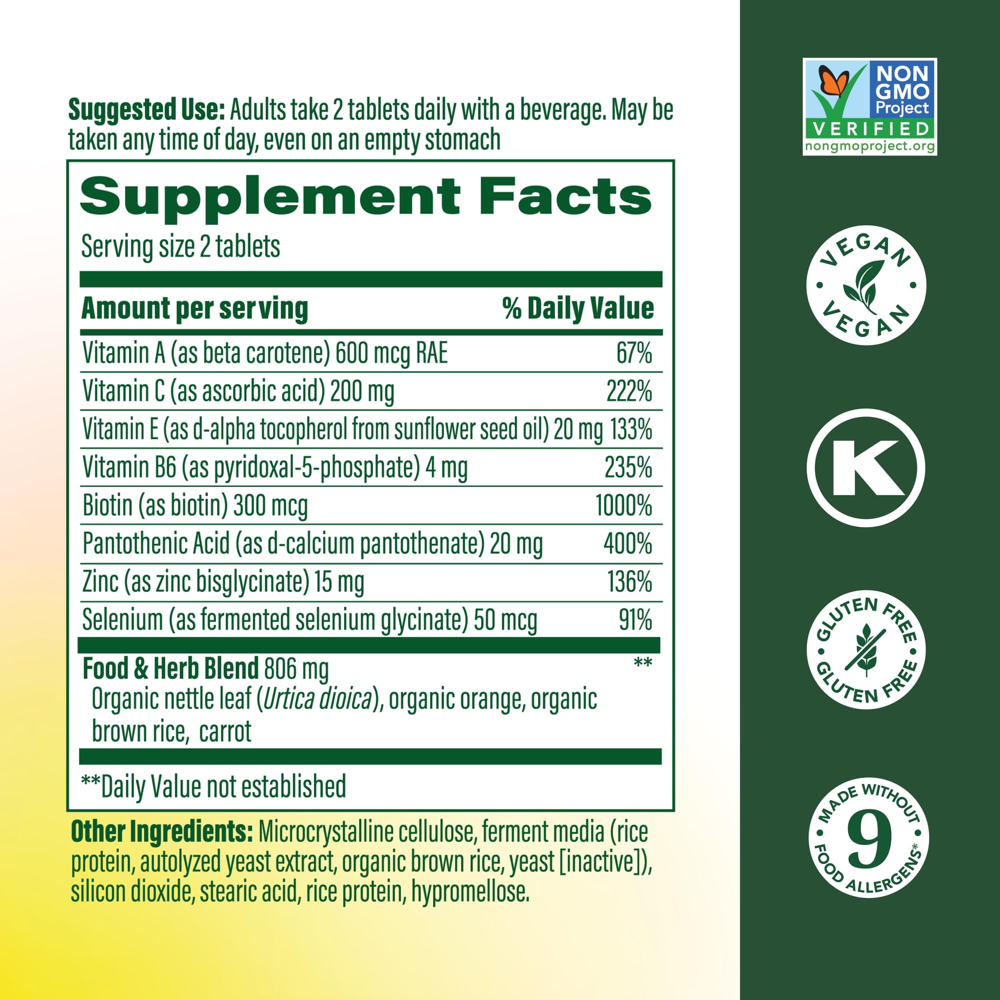 MegaFood Skin, Nails & Hair 2 tablets shown for convenient daily supplementation