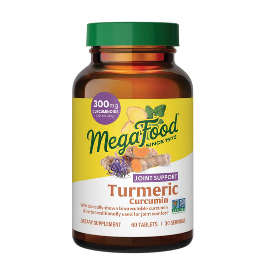 MegaFood Turmeric Curcumin bottle label showing vegan, non-GMO formula for daily use
