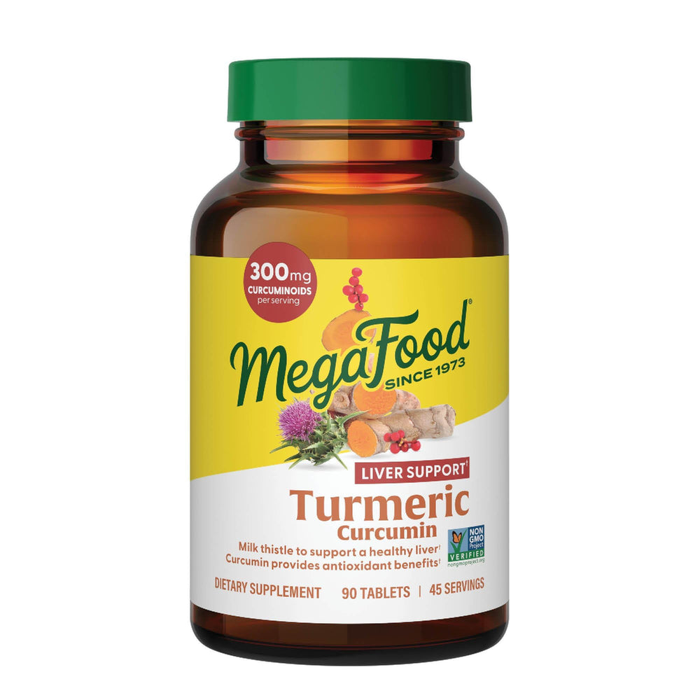 MegaFood Turmeric Curcumin bottle label highlighting 90 tablets for liver support
