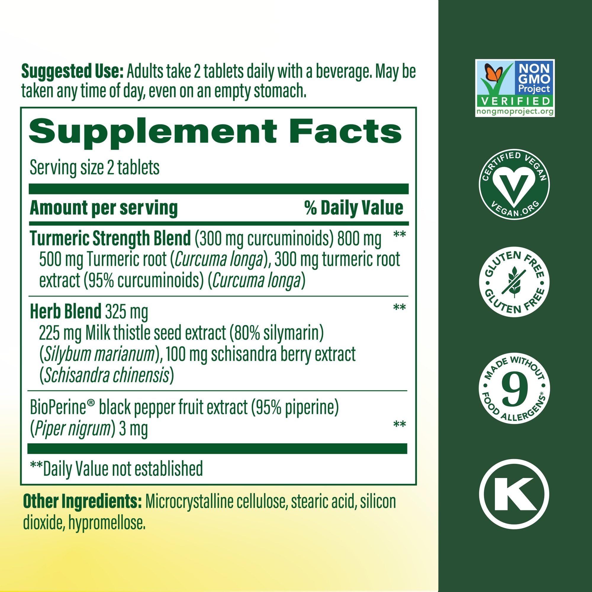 MegaFood Turmeric Curcumin bottle pour showing two tablets for daily use