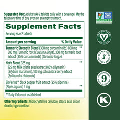 MegaFood Turmeric Curcumin bottle pour showing two tablets for daily use